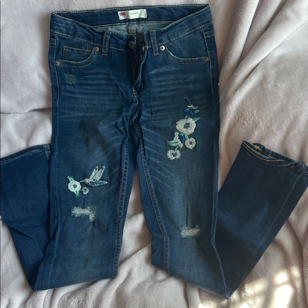 Levi's Kids Blue Jeans with Floral Embroidery